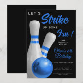 Invitation Frappe bleue pour s'amuser garçon bowling annivers (Devant / Derrière)