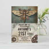 Invitation Frappe Steampunk Vintage mécanique libellule (Debout devant)