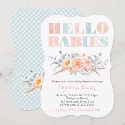 Invitation Fraternal Boy Girl Twins Genderless Baby shower (Devant / Derrière)