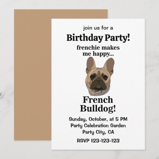 Invitation French Bulldog Face Birthday Party (Devant / Derrière)