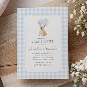 Invitation French Bulldog Gingham Bleu Baby Shower