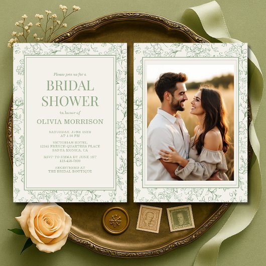 Invitation French Sage Green Ivory Photo Bridal Shower