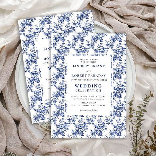 Invitation French Toile de Jouy Blue Floral Wedding Invite