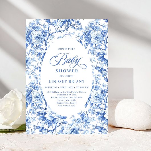 Invitation French Toile de Jouy Blue Roses Baby Shower Invite