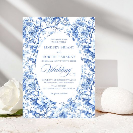 Invitation French Toile de Jouy Blue Roses Elegant Wedding