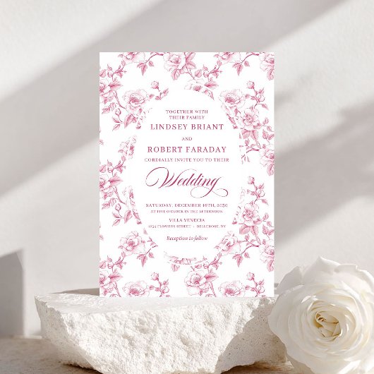 Invitation French Toile de Jouy Roses Dusty Pink Wedding