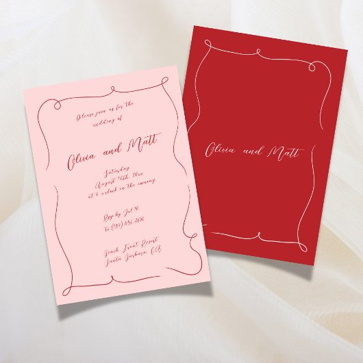 Invitation French Whimsy Script Wedding Invite Red Pink