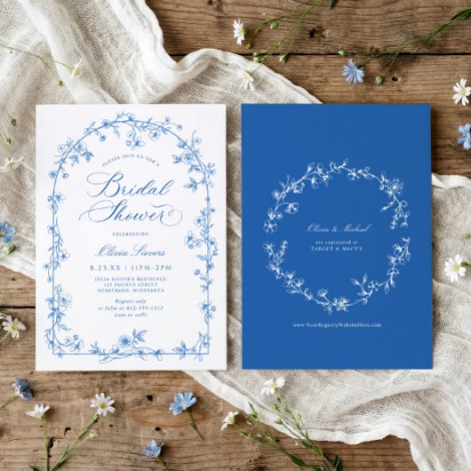 Invitation French Wildflower Toile Blue Bridal Shower