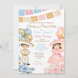 Invitation Frères et sœurs Bleu & Rose Bautizo et premier ani