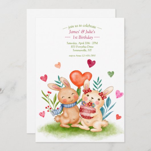 Invitation Frères et sœurs lapins (Devant / Derrière)