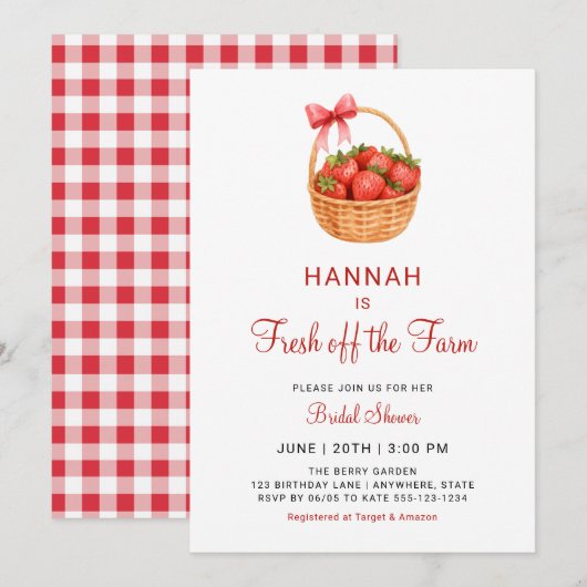 Invitation Fresh Off The Farm Strawberry Bow Bridal Shower (Devant / Derrière)
