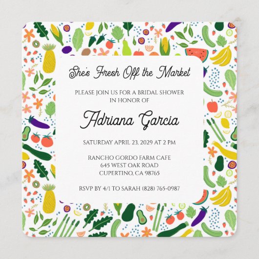 Invitation FRESH OFF THE MARKET Fruits & Veggies Cute CUSTOM  (Devant)