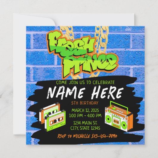 Invitation Fresh Prince 90s Boombox Bleu Orange Anniversaire (Devant)