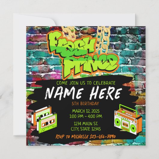 Invitation Fresh Prince 90s Boombox Vert Orange Anniversaire (Devant)
