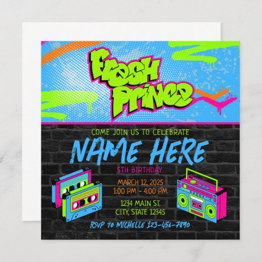 Invitation Fresh Prince 90s Boombox Vert rose Anniversaire (Devant / Derrière)