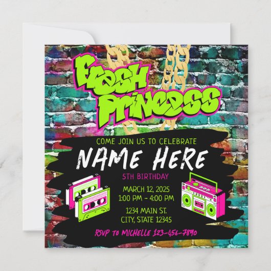 Invitation Fresh Princess 90s Boombox Vert rose Anniversaire (Devant)