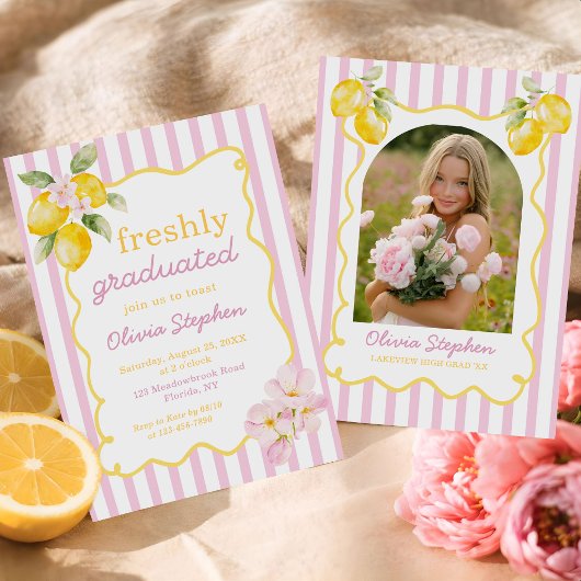 Invitation Freshly Graduated Lemon Pink Stripes Graduation