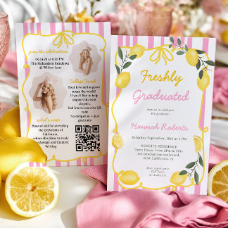 Invitation Freshly Graduated Pink Lemon Yellow Bow Photo QR