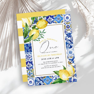 Invitation Freshly One Lemon Blue Carreau Fille 1er Anniversa