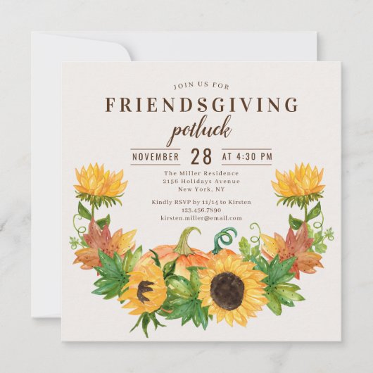 Invitation Friendsgiving Dîner Potluck Sunflower Pumkin (Devant)