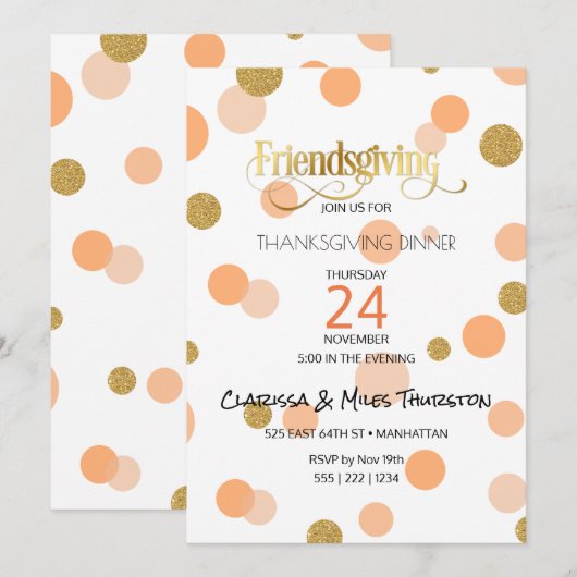 Invitation Friendsgiving Points Orange Et Or Moderne (Devant / Derrière)