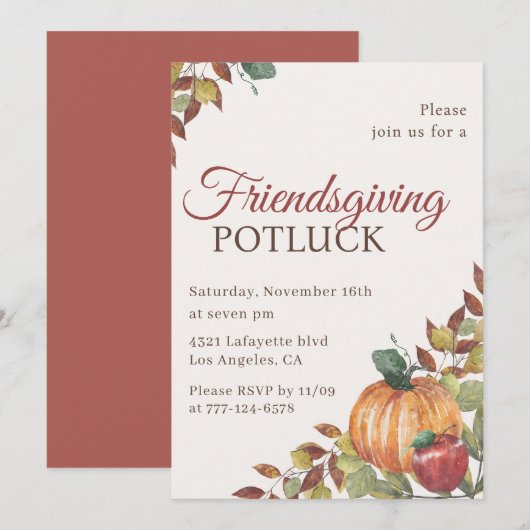 Invitation Friendsgiving Potluck aquarelle Citroui (Devant / Derrière)