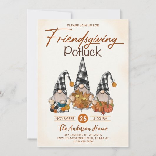 Invitation Friendsgiving Potluck Gnomes Citrouille d'automne (Devant)