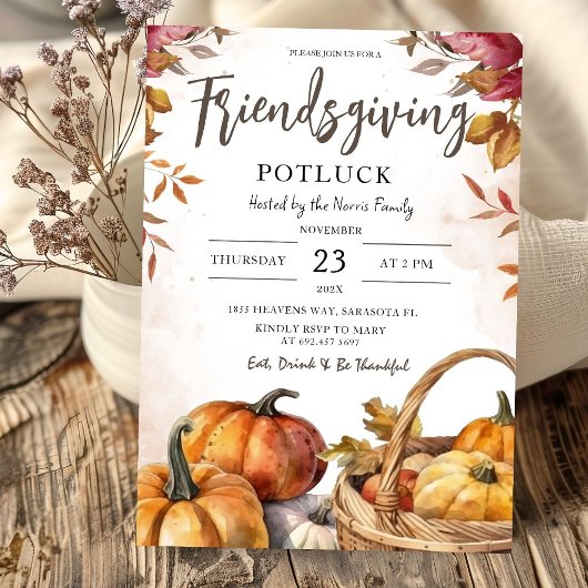 Invitation Friendsgiving Potluck Rustique Pumpkin Action de g