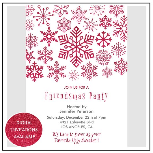 Invitation Friendsmas flocons de neige rouges