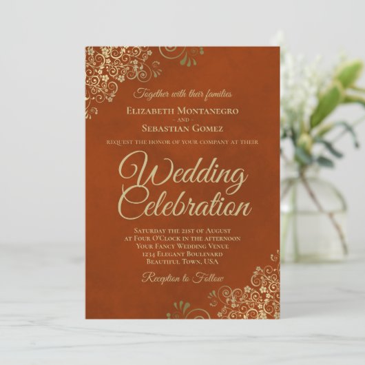 Invitation Frilles d'or sur rouille Orange Elegant QR Code Ma (Debout devant)