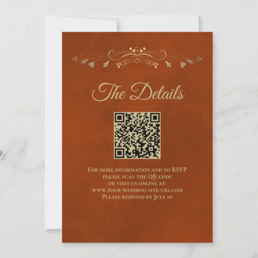 Invitation Frilles d'or sur rouille Orange Elegant QR Code Ma (Dos)