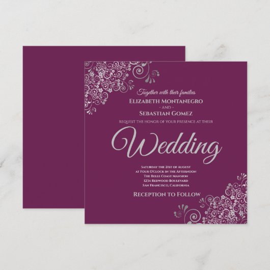 Invitation Frills Argent Elegant Cassis Purple Carré Mariage (Devant / Derrière)