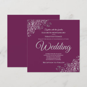 Invitation Frills Argent Elegant Cassis Purple Carré Mariage