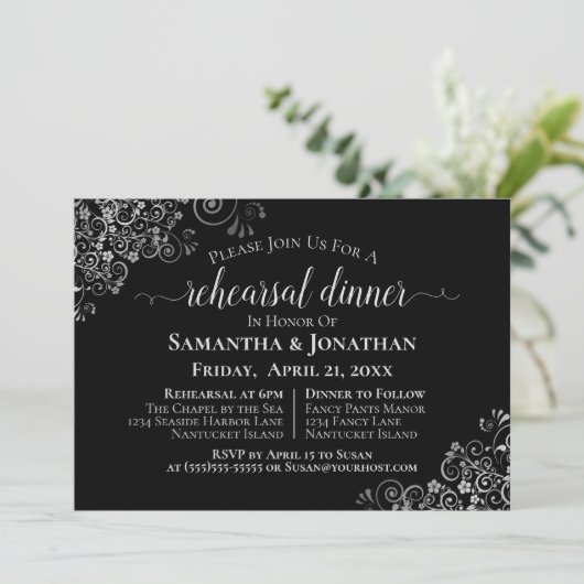 Invitation Frills d'argent Lecture Mariage noir et dîner (Debout devant)