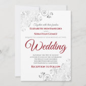 Invitation Frills d'argent rouge et gris sur Mariage blanc (Devant)