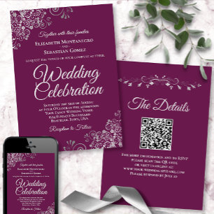 Invitation Frills d'argent sur Magenta Elegant QR Code Mariag