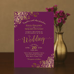 Invitation Frills or Elegant Cassis Purple Magenta Mariage<br><div class="desc">Cette belle faire-part de mariage présente un design simple mais élégant avec la calligraphie de script en dentelle sur un cassis violet ou magenta couleur arrière - plan et frilly or fausse feuille de papier dans les coins. Le libellé est formel,  mais la disposition est moderne et design.</div>