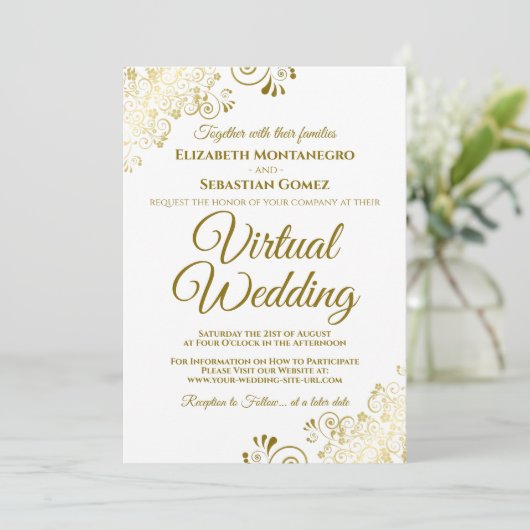 Invitation Frills or sur Mariage virtuel blanc élégant (Debout devant)