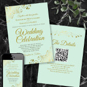 Invitation Frills or sur Mint Green Elegant QR Code Mariage