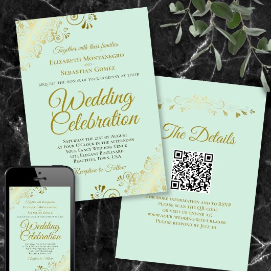 Invitation Frills or sur Mint Green Elegant QR Code Mariage