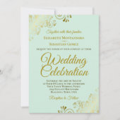 Invitation Frills or sur Mint Green Elegant QR Code Mariage (Devant)