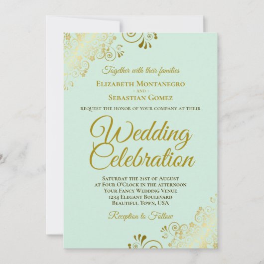 Invitation Frills or sur Mint Green Elegant QR Code Mariage (Devant)