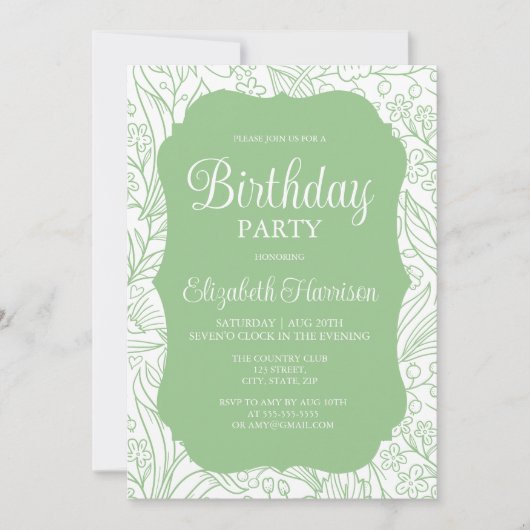 Invitation Frog Green White Flora Fille fête d'anniversaire (Devant)