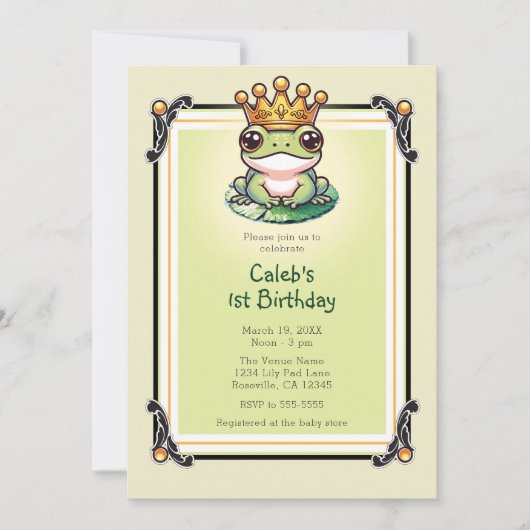 Invitation Frog Prince en or Couronne 1ER Anniversaire Fête (Devant)