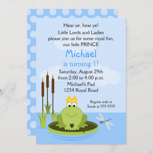 Invitation Frog Prince fête d'anniversaire (Devant / Derrière)