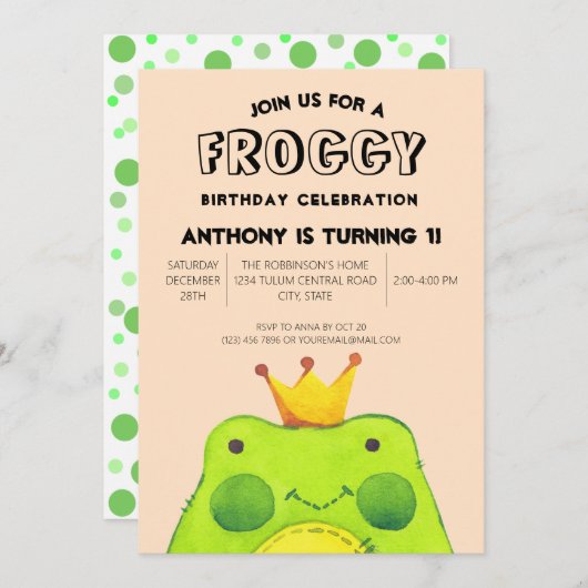Invitation Froggy garçon d'anniversaire prince Premier parti (Devant / Derrière)