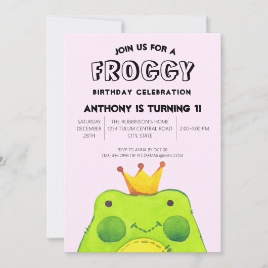 Invitation Froggy garçon d'anniversaire prince Premier parti (Devant)