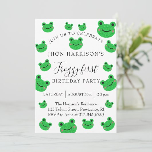 Invitation Froggy Première fête d'anniversaire Grenouille ver (Debout devant)