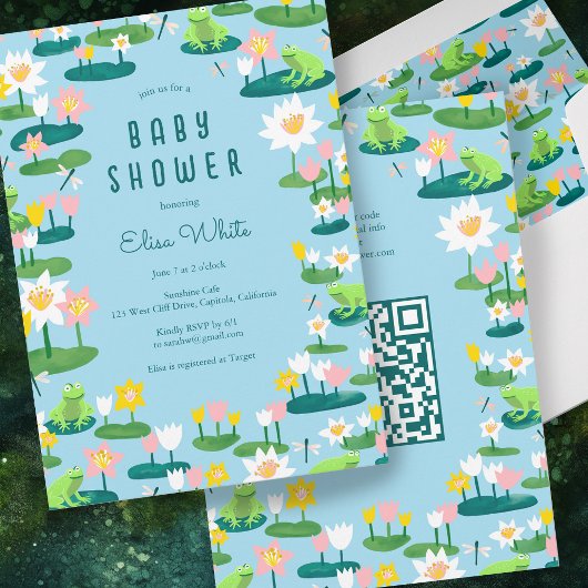 Invitation Frogs & Lily Pads Cute CUSTOM QR CODE BABY SHOWER