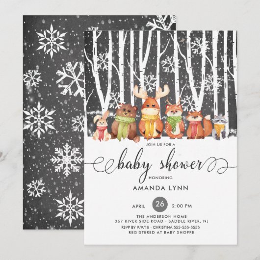 Invitation Froid Hiver Hiver Baby shower des animaux de bois (Devant / Derrière)